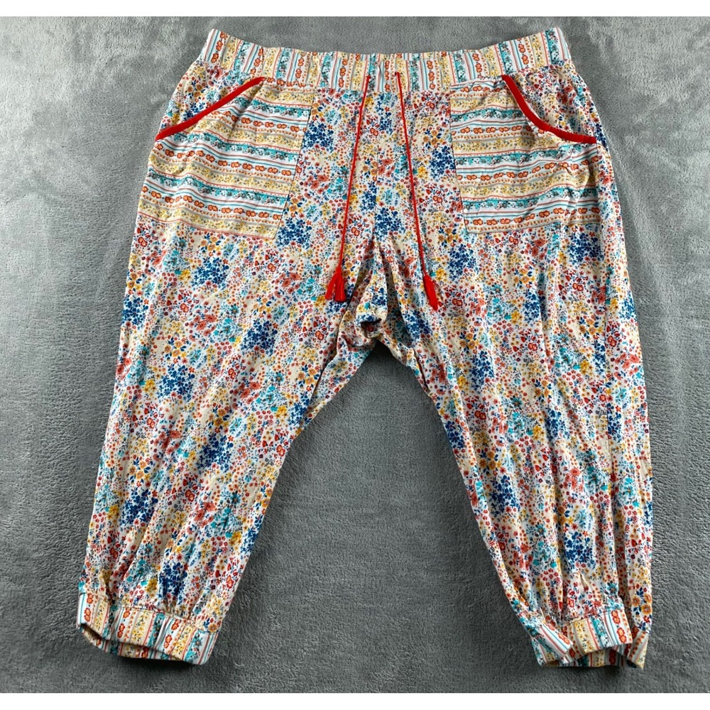 Cacique Womens Plus Size 26/28 Floral Striped Cotton Pajama Pants Tassel Multi